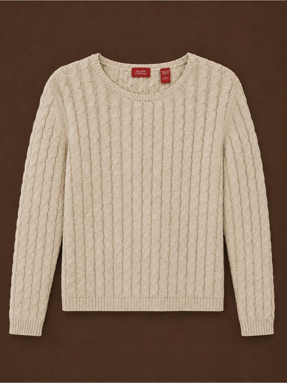 Valerie Stevens Oatmeal Cable-Knit Crewneck Sweater